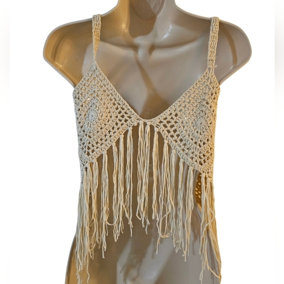 Hand Crafted Granny Square Crochet Top Summer Swimwear Beige Handmade Rhombus - Picture 9 of 17